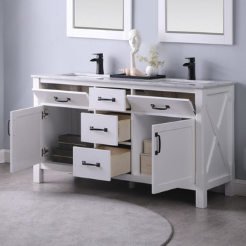 Maribella 60" Double Bathroom Vanity Set in White and Carrara White Marble Count