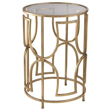 Modern Glass Top Metal Base Round Accent Table in Gold Finish Drum Style Frame