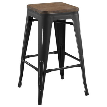 Country Farm Bar Dining Counter Side Stool Chair, Metal Wood, Black