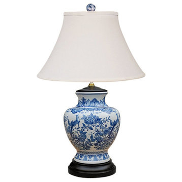 Blue and White Bird and Floral Motif Porcelain Vase Table Lamp 24"