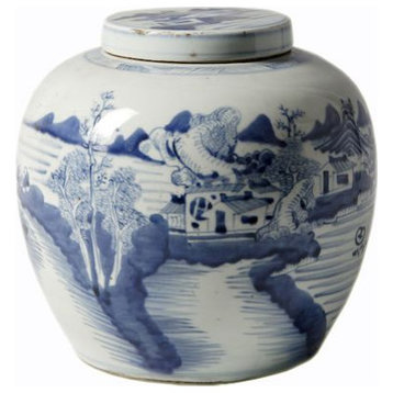 Legend of Asia Blue And White Porcelain Ancestor Jar With Landscape Design 1607