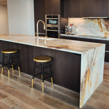 Ibiza Quartzite Kitchen with Waterfall Island, Countertop & Backsplash