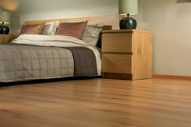 Design ideas for a mid-sized contemporary master bedroom in London with laminate floors.