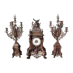Three-Piece French Bronze Mantel Clock and Candlesticks Garniture Set - Candleholders
