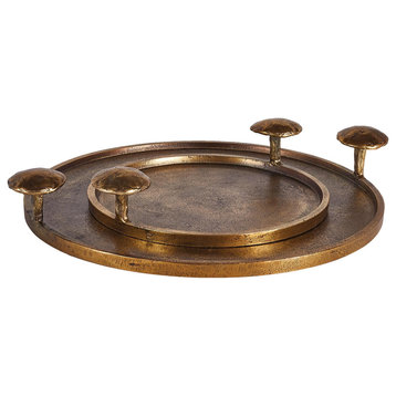 Luxe Modern Abstract Brass Bronze Mushroom Trays Set of 2 Round Woodland Organic