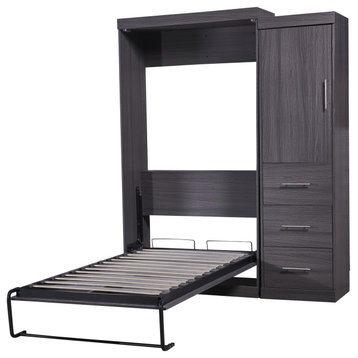 Gewnee Twin Size Murphy Bed with Wardrobe and Drawers, Storage Bed in Gray