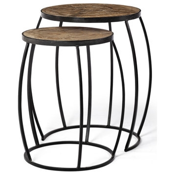 Set of 2 Brown Wooden Round Top Accent Tables With Black Metal Frame Nesting