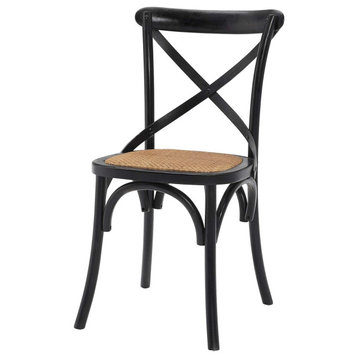 2 Pack Dining Chair, Elm Wood Frame With X-Shaped Back and Rattan Seat, Black