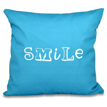16"x16" Happy Smile, Word Print Pillow, Turquoise