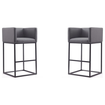 Set of 2 Bar Stool, Gray Faux Leather Seat With Square Arms & Black Metal Legs