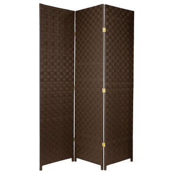 6' Tall Woven Fiber Outdoor All Weather Room Divider, 3 Panel, Dark Brown