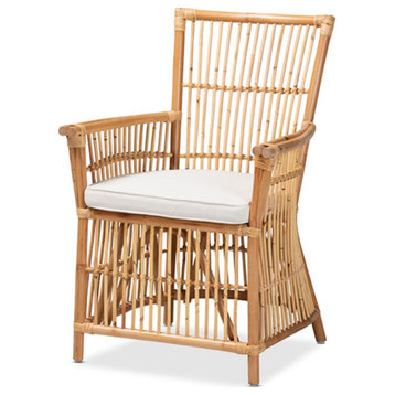 Rose Modern Bohemian White Fabric Upholstered and Natural Brown Rattan ArmChair