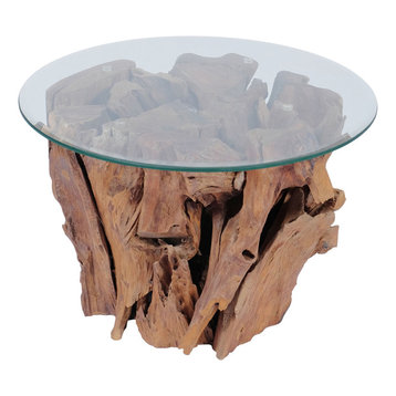vidaXL Solid Teak Driftwood Coffee Table Glass Tabletop Living Room Side Tea