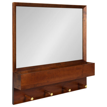 Hinter Wall Mirror with Shelf and Pegs, Walnut Brown 24x24