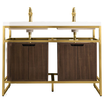 Boston 47" Double Sink Console, Radiant Gold, MidCentury Walnut, White Gloss Top