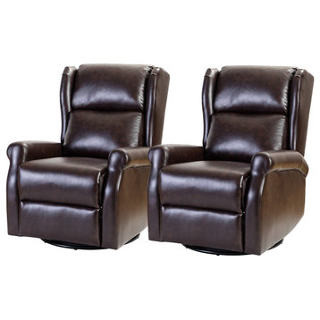 Comfy Faux Leather Manual Swivel Recliner With Metal Base Set of 2, Brown