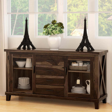 Antwerp Rustic Solid Wood Glass Door 4 Drawer Large Sideboard Cabinet