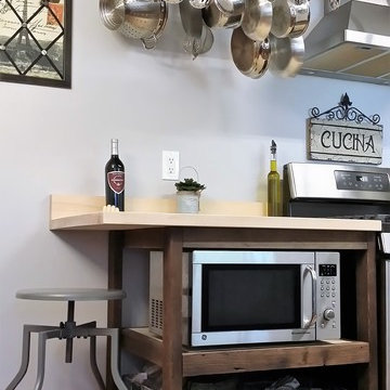 reclaimed wood microwave cabinet & pot rack