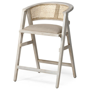 Tabitha Beige Fabric and Rattan Seat with Blonde Solid Wood Frame Counter Stool