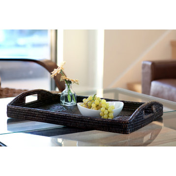 Artifacts Rattan™ Rectangular Serving Ottoman Tray With High Handles, Tudor Black, 21"x14"