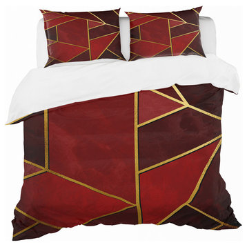 Yellow Triangulars Over Shades of Red Modern Duvet Cover, Twin