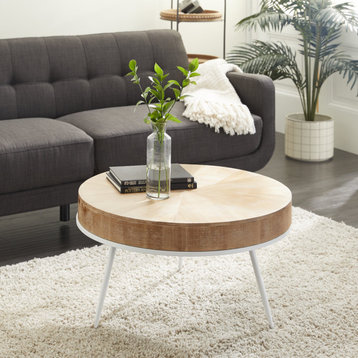 Modern Coffee Table, White Finished Tripod Metal Legs and Thick Round Wooden Top