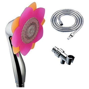 3 Function LED Flower Shower Head With Hose & Mounting Bracket, Pink and Orange