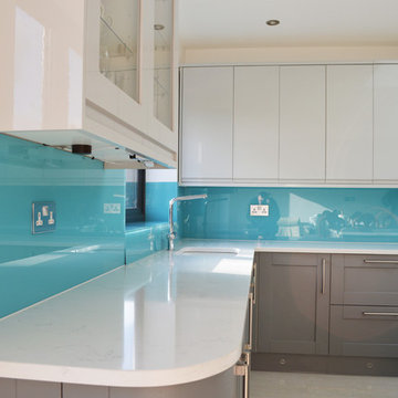 Custom Stencil Design On Blue Glass Splashback