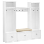 Crosley Furniture - Harper 4-Piece Entryway Set, White, Bench, Shelf, and 2 Hall Trees - The Harper 4pc Entryway Set offers a great combination of storage solutions for your foyer or mudroom. Double hooks throughout provide hanging storage for coats, hats, and bags, plus full-extension drawers corral larger items. Tucked between the hall trees is an entryway bench with a cushioned seat and a wall-mounted shelf. Featuring label holder hardware, each storage drawer can be customized with personal labels. Every component of the Harper 4Pc Entryway Set is modular, allowing for flexibility and the look of genuine built-in storage.