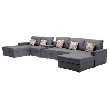 Nolan Fabric Double Chaise Sectional Charging Port Console 2 Type Leg, Gray