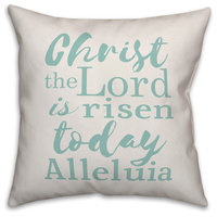 Christ the Lord is Risen Teal Script 16x16 Throw Pillow Cover
