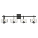 Innovations Lighting - Innovations 312-4W-BK-CL 4-Light Bath Vanity Light, Black - Innovations 312-4W-BK-CL 4-Light Bath Vanity Light Black. Style: Art Deco, Mission. Metal Finish: Black. Metal Finish (Canopy/Backplate): Black. Material: Cast Brass, Steel, Glass. Dimension(in): 9(H) x 33(W) x 5. 5(Ext). Bulb: (4)60W G9,Dimmable(Not Included). Maximum Wattage Per Socket: 60. Voltage: 120. Color Temperature (Kelvin): 2200. CRI: 99. Lumens: 450. Glass Shade Description: Clear Striate Glass. Glass or Metal Shade Color: Clear. Shade Material: Glass. Glass Type: Transparent. Shade Shape: Rectangular. Shade Dimension(in): 6(W) x 3. 375(H) x 4. 5(Depth). Backplate Dimension(in): 4. 5(H) x 4. 5(W) x 0. 75(Depth). ADA Compliant: No. California Proposition 65 Warning Required: Yes. UL and ETL Certification: Damp Location.