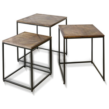 Set of 3 Nesting Side Table, Metal Frame With Geometric Patterned Dark Wood Top