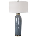 Uttermost - Vicente Table Lamp - This table lamp lends a touch of old-world, handcrafted style with this ceramic base finished in a distressed slate blue glaze accented with oil rubbed bronze accents. The round hardback drum shade is a white linen fabric. Due to the nature of fired glazes on ceramic lamps, finishes will vary slightly.