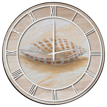 Wall Clock, Sea Shell 4, 24"x24", White, Woodgrain Accent