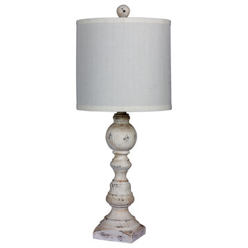 26" Distressed Balustrade Resin Table Lamp, Cottage Antique White