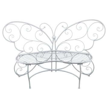 62"L Indoor/Outdoor 2 Person Metal Butterfly Shaped Garden Bench, White