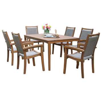 7-Piece Eucalyptus and Wicker Stacking Armchair Rectangle Dining Set