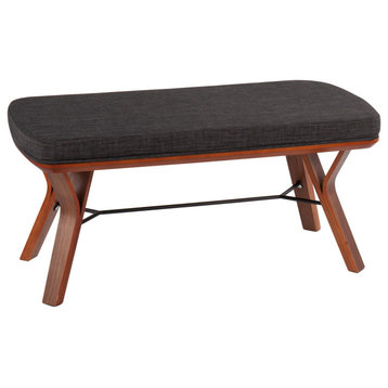 Folia Mid-Century Modern Bench, Walnut Wood/Charcoal Fabric