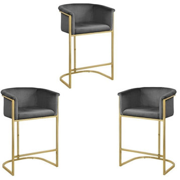 Home Square 3 Piece 27" Velvet Counter Stool Set with Gold Metal Base in Gray
