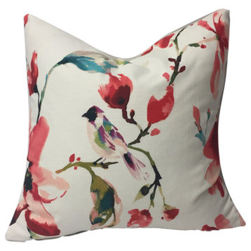 Watercolor Flowers and Bird Motif PIllow, Red, 18", Without Insert