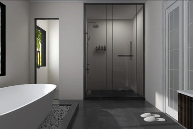 Example of a ceramic tile and black floor bathroom design in New York with a hinged shower door and a floating vanity