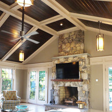 Vaulted ceiling family room w/ stone fireplace
