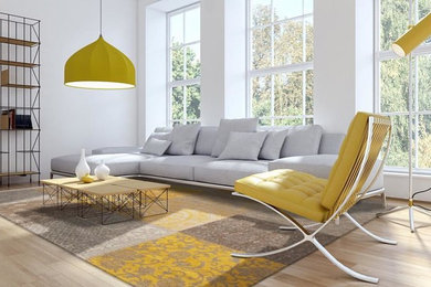Example of a mid-sized trendy formal and enclosed light wood floor and beige floor living room design in Montreal with white walls, no fireplace and no tv