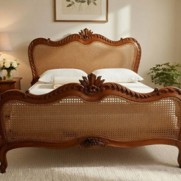 French Country Cane Bed Frame | Hand-Carved Louis XV Style Wood Bed