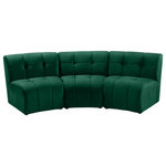 Meridian Furniture - Limitless Velvet Upholstered 3-Piece Modular Sectional, Green - Invest in your home's comfort with this Limitless sofa. This modular unit offers tons of flexibility in the number of ways that you can put each piece in the Limitless collection together to get the ideal customized look. Upholstered in green velvet, this beautiful piece is soft and cool to the touch, so you can feel comfortable from every angle. Button and channel tufting add to this unit's upscale look and contemporary charm.