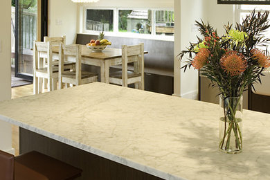 Trendy kitchen photo in Seattle with flat-panel cabinets, dark wood cabinets and marble countertops