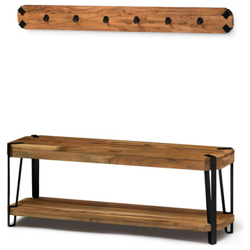 Industrial Bench With Coat Hanger, Acacia Wood Frame & 6 Single Hooks, Natural