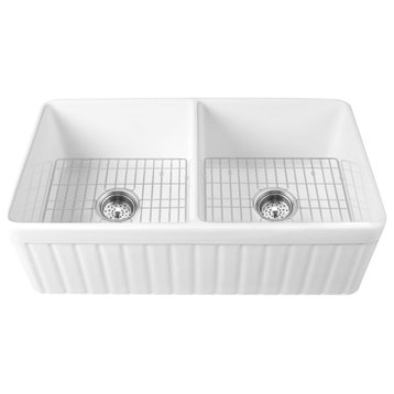 Fireclay 33"L x 18"W Farmhouse Kitchen Sink with Sink Grid and Basket Strainer