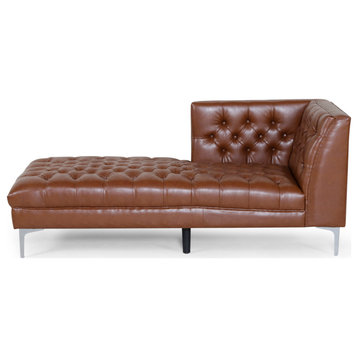 Bluffton Contemporary Tufted One Armed Chaise Lounge, Cognac + Silver